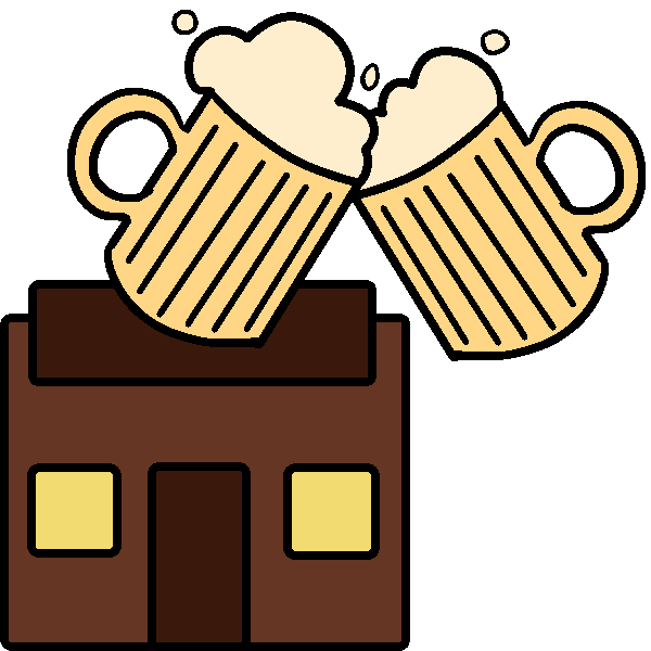 A brown building with yellow windows and a sign on top. Above it are two pints of beers, clinking together for cheers.